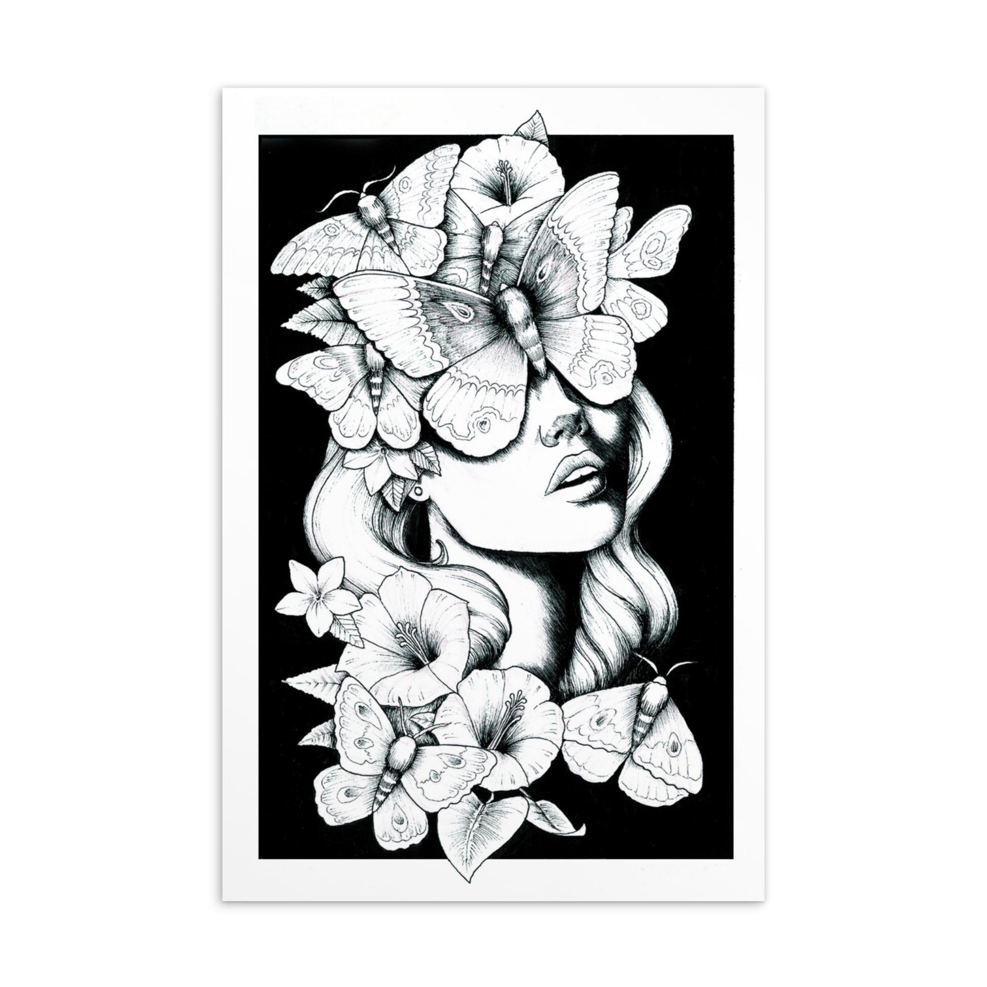 A black and white ink illustration of a woman's face surrounded by large moths and blooming hibiscus flowers against a solid black background. The moths cover her eyes, creating a surreal and mystical garden aesthetic.