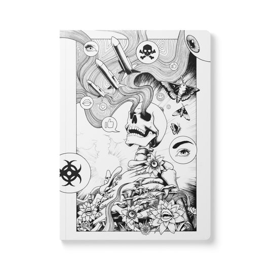 A front-facing view of a rectangular softcover journal with rounded corners, featuring an intricate black and white surreal ink illustration. The design depicts a skeleton surrounded by mushrooms and blooming flowers with human eyes and lips, while smoke rising from its eye sockets displays a skull and crossbones, flying rockets, a biohazard symbol, and social media icons like thumbs-up and speech bubbles.
