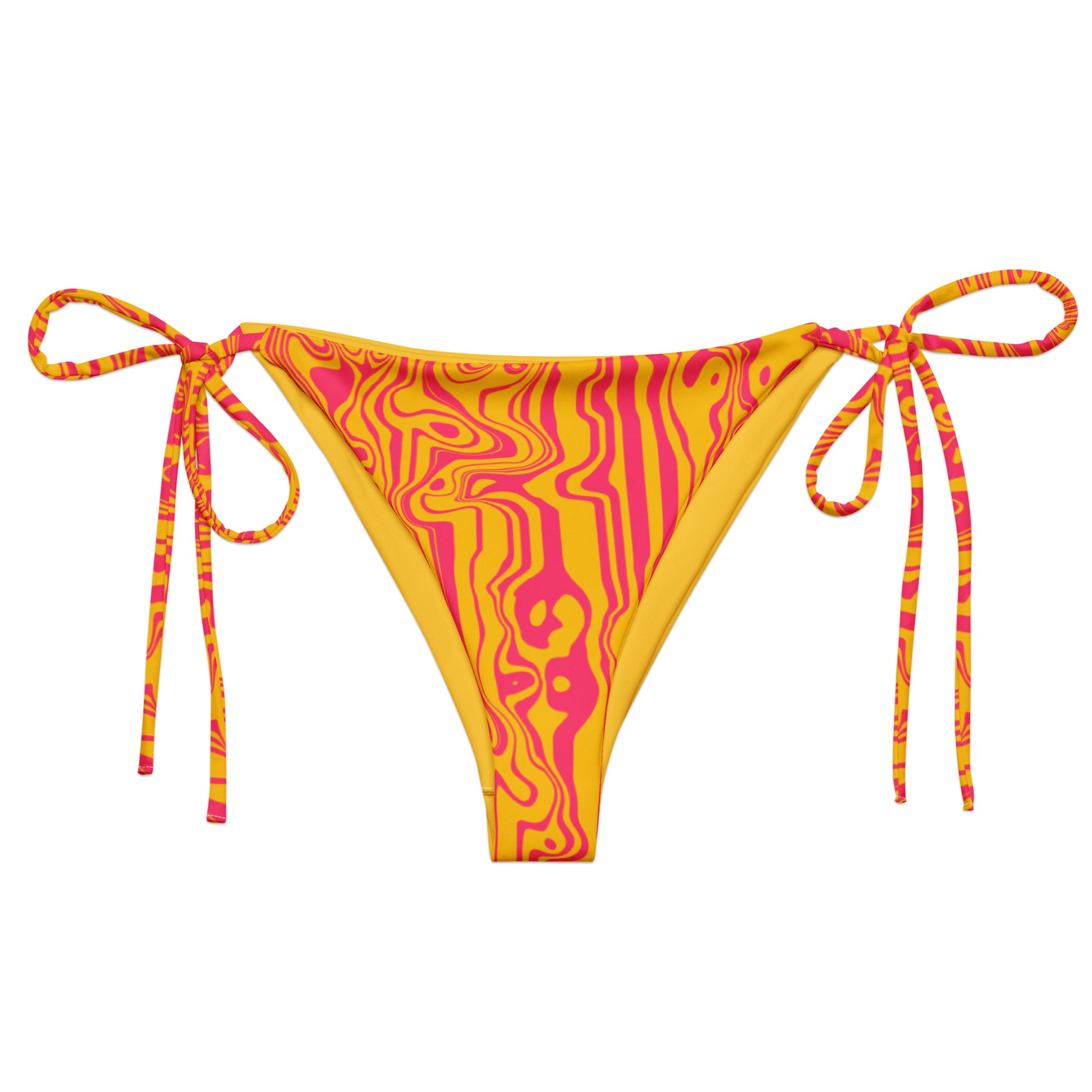 Yellow and pink bikini bottom with tie sides on a white background