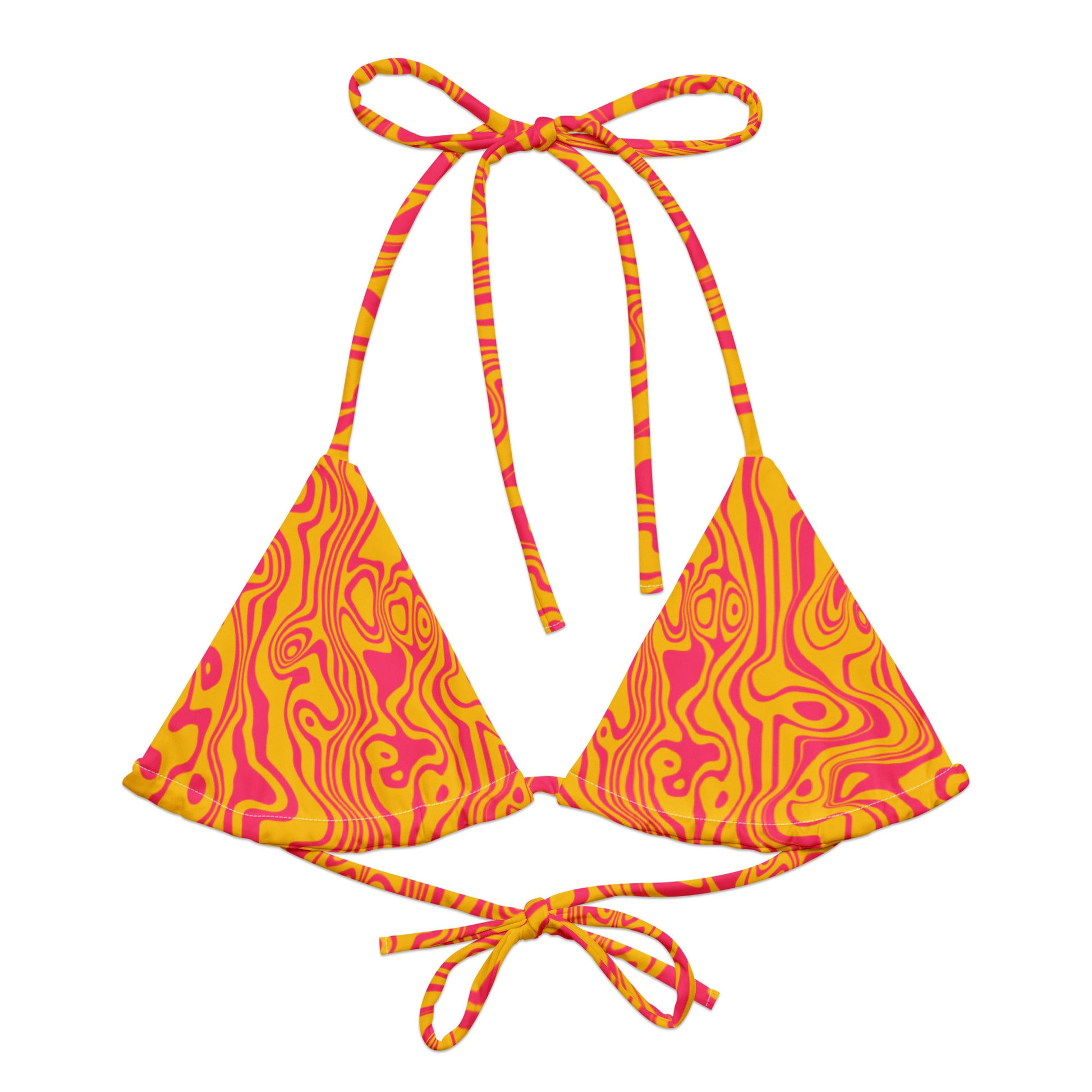 Triangular bikini top and bottom with pink and orange pattern on a white background