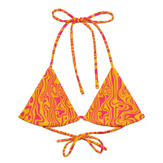 Triangular bikini top and bottom with pink and orange pattern on a white background