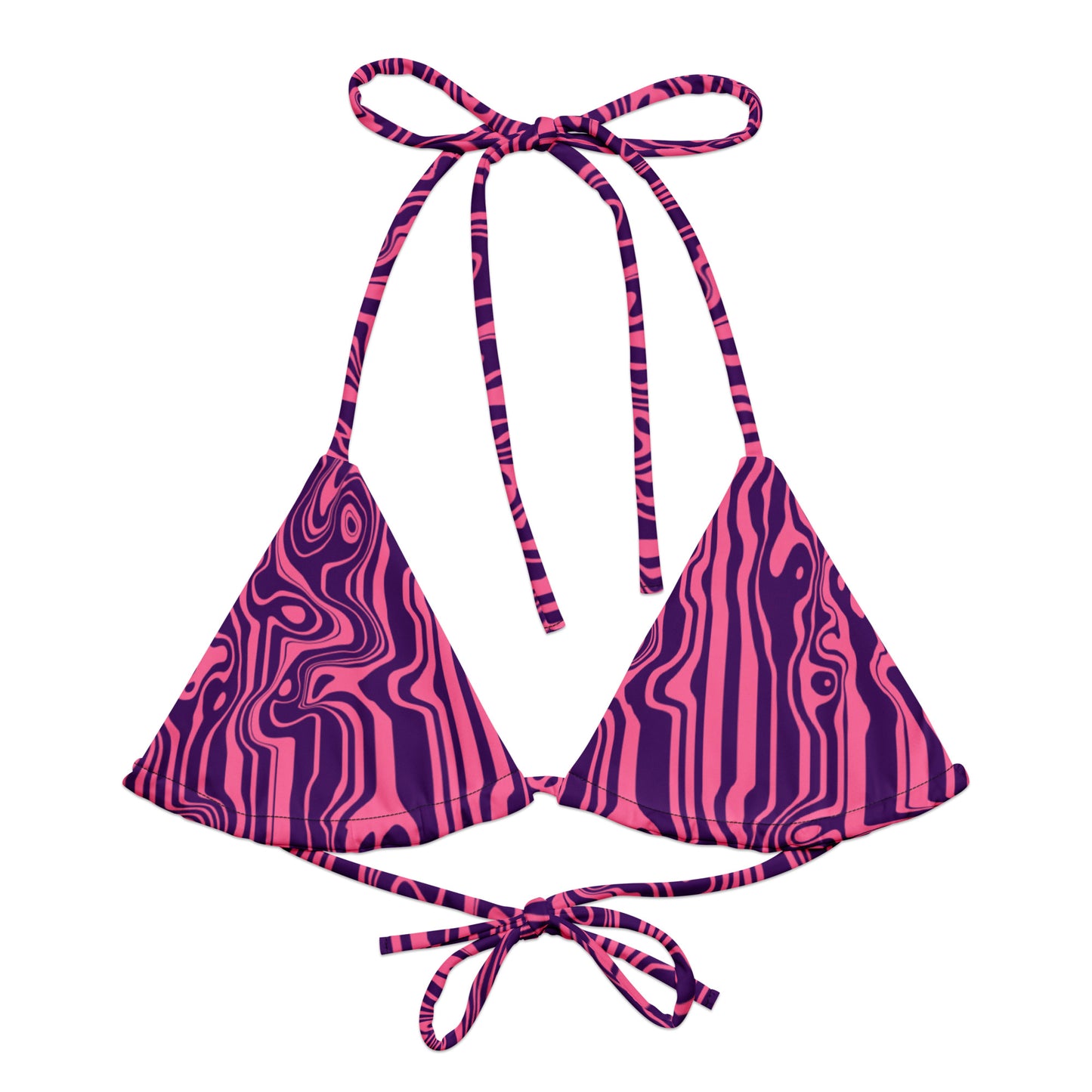 A triangle string bikini top featuring a vibrant, wavy psychedelic pattern in bright pink and deep purple, shown with ties at the neck and back