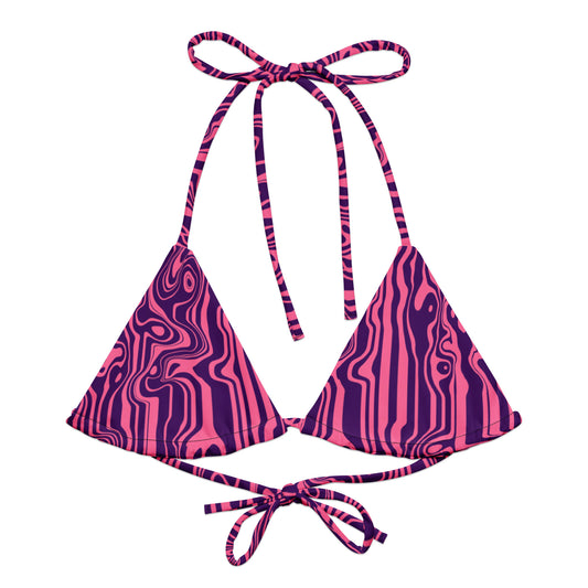 A triangle string bikini top featuring a vibrant, wavy psychedelic pattern in bright pink and deep purple, shown with ties at the neck and back