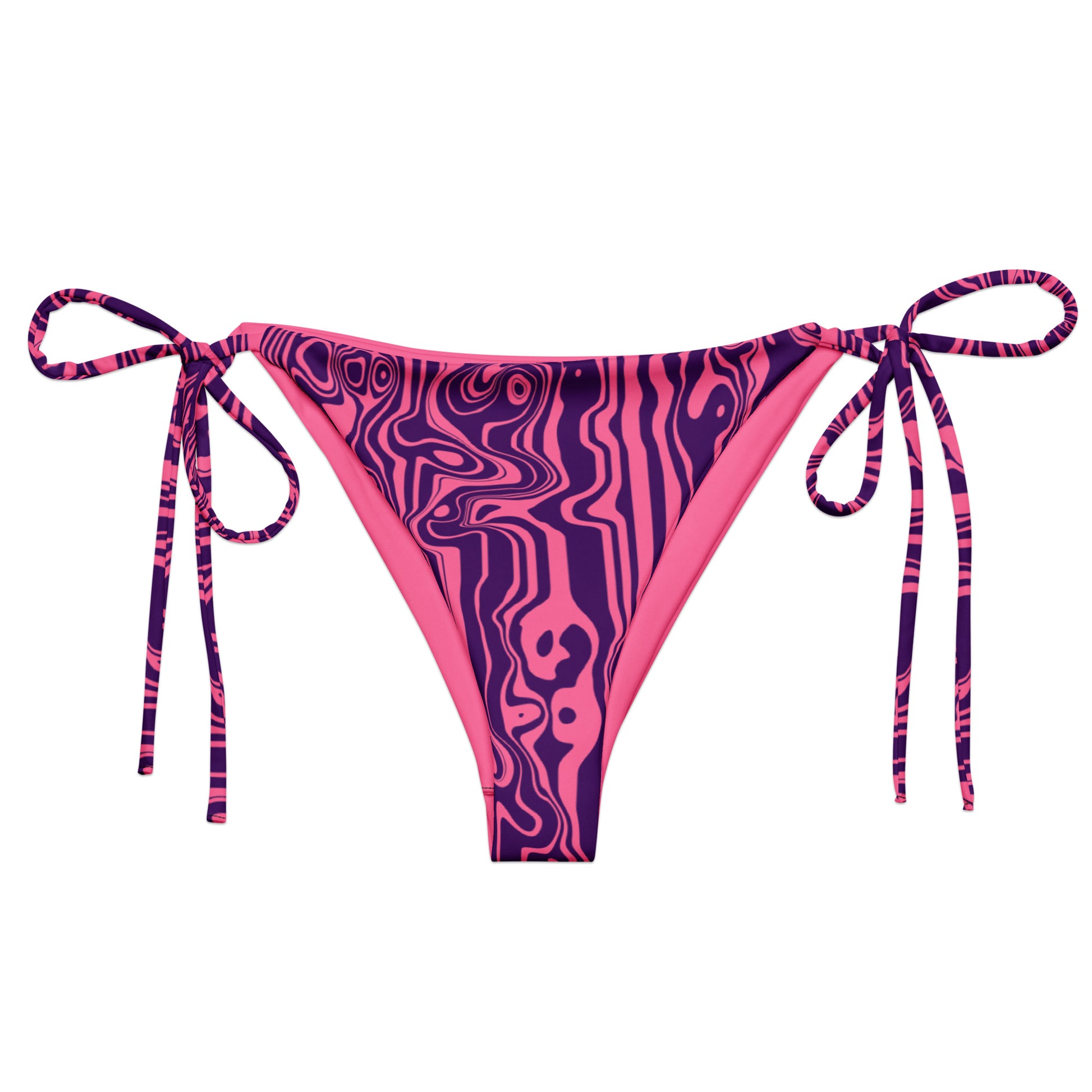 Pink and purple patterned bikini bottom with tie sides on a white background