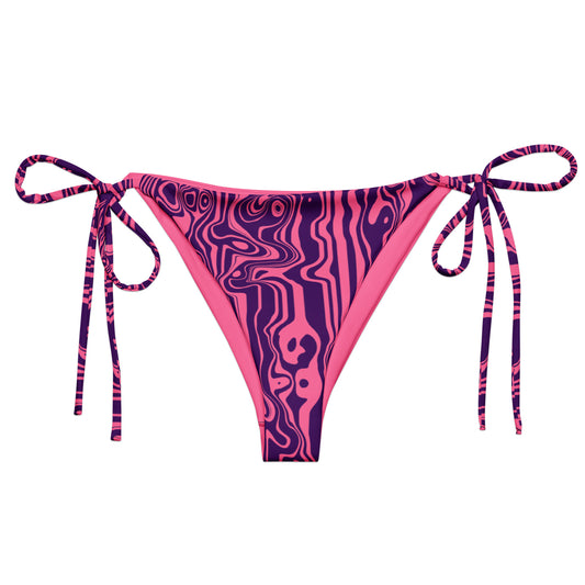 Pink and purple patterned bikini bottom with tie sides on a white background