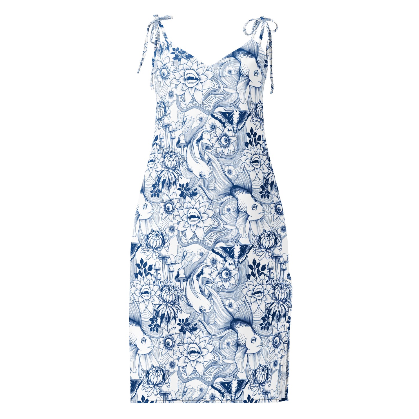 A sleeveless midi-length dress with a V-neckline and self-tie shoulder straps, featuring a detailed dark blue ink illustration pattern on a white background. The surreal pattern includes large goldfish, moths, mushrooms, and whimsical flowers with teeth and eyes.