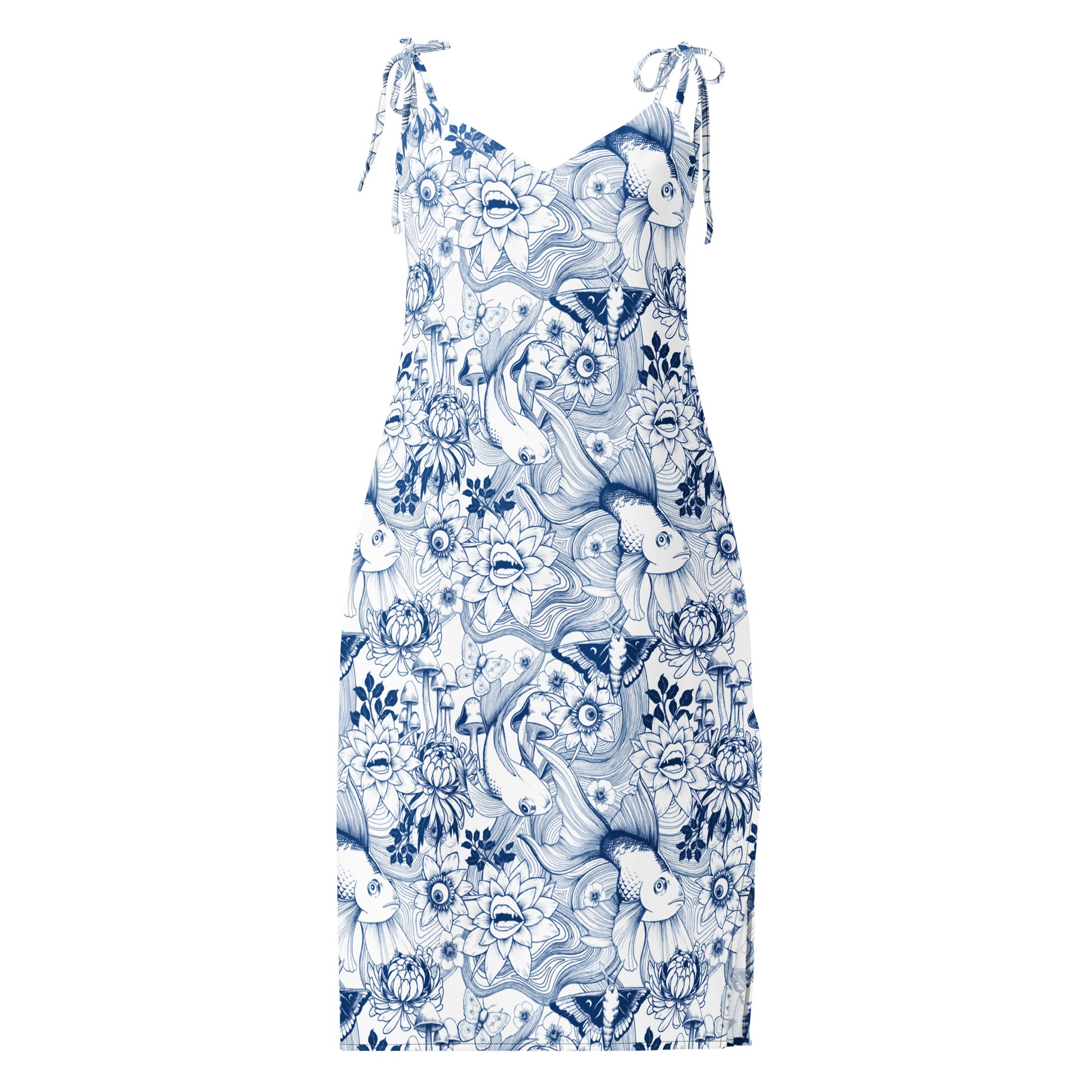 A sleeveless midi-length dress with a V-neckline and self-tie shoulder straps, featuring a detailed dark blue ink illustration pattern on a white background. The surreal pattern includes large goldfish, moths, mushrooms, and whimsical flowers with teeth and eyes.