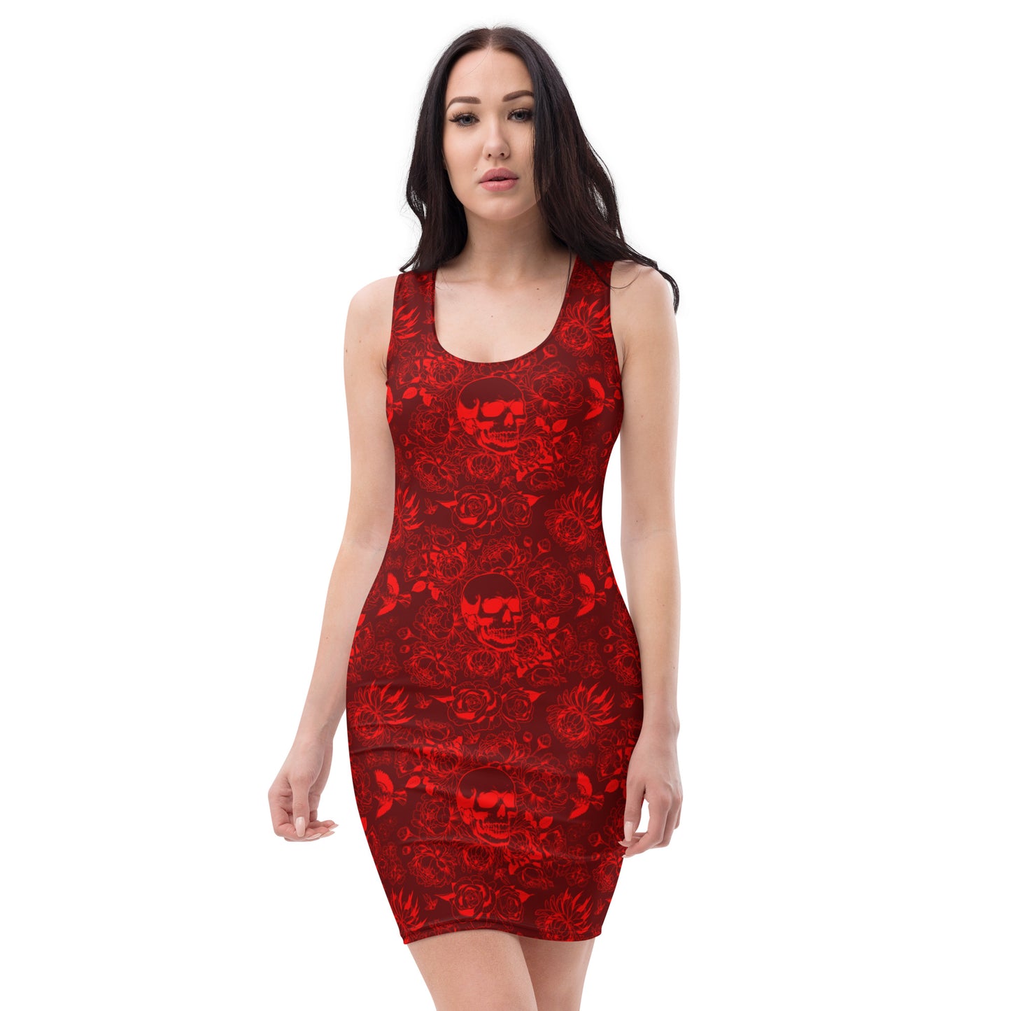 A woman modeling a sleeveless bodycon mini dress with a red floral lace-like pattern, set against a plain white background.