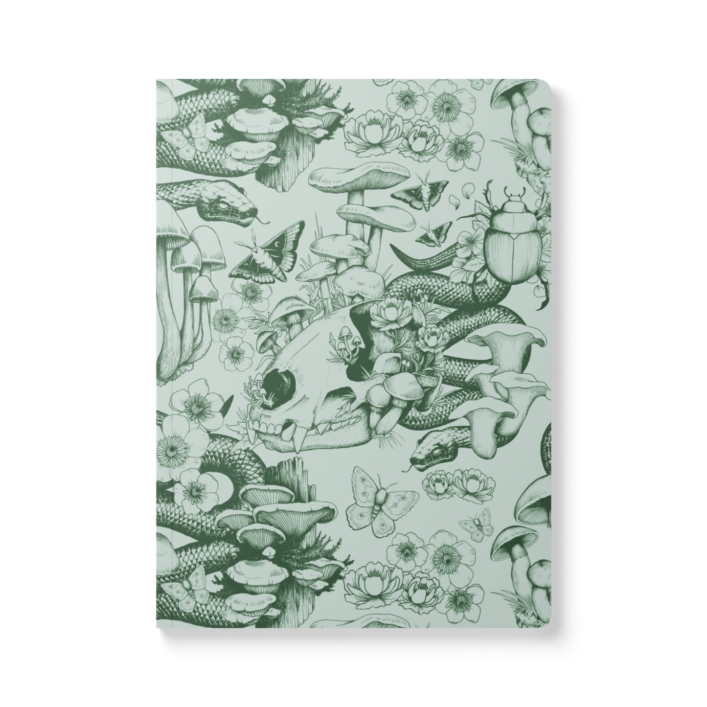 A front-facing view of a rectangular softcover journal with rounded corners, featuring a detailed dark olive green ink illustration pattern on a pale sage green background. The woodland-themed pattern includes an animal skull, snakes, a large beetle, butterflies, clusters of mushrooms, and blooming wildflowers.