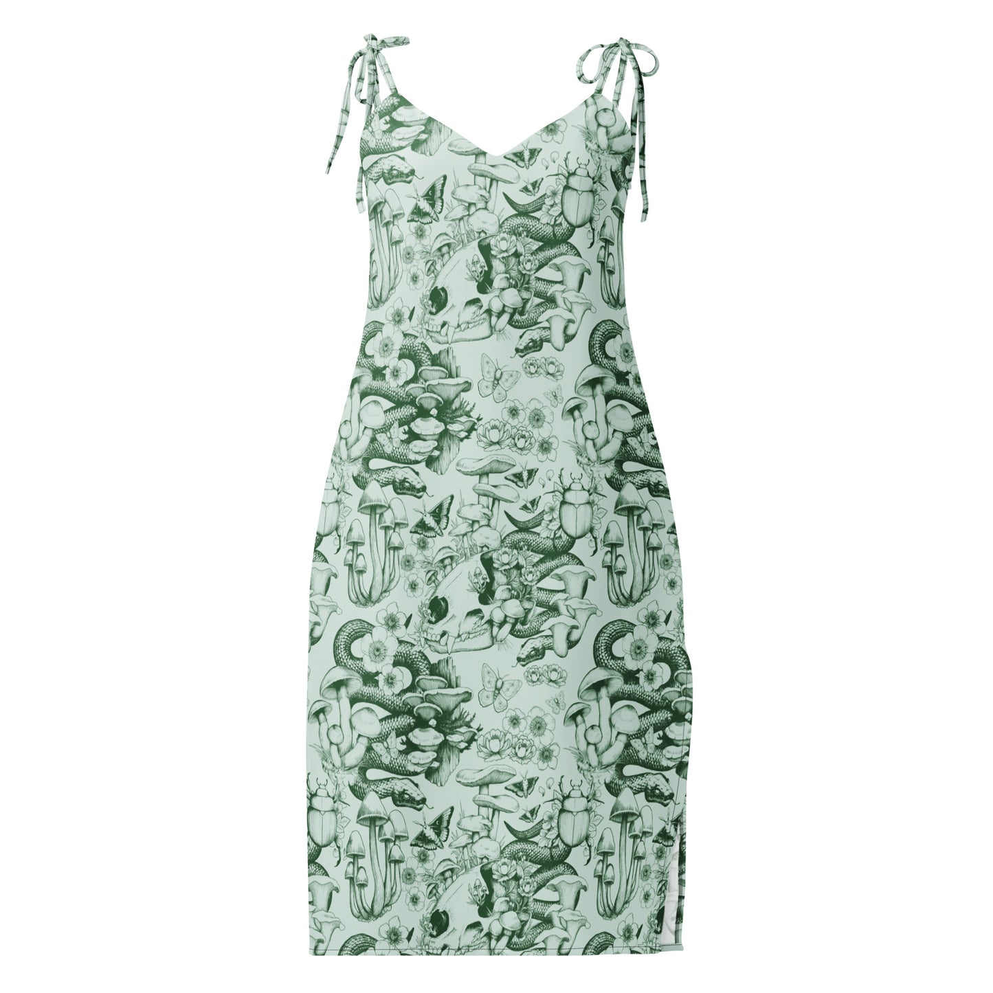 A sleeveless midi-length dress with a V-neckline and self-tie shoulder straps, featuring a detailed sage green ink illustration pattern on a light green background. The moody nature pattern includes human skulls, coiled snakes, beetles, butterflies, and various wild mushrooms and flowers.