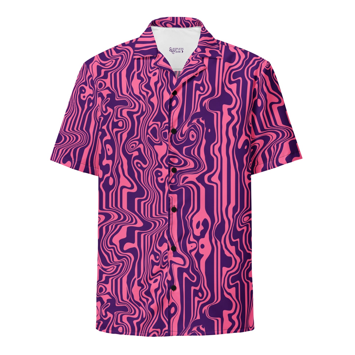 A short-sleeved button-down shirt featuring a vibrant, psychedelic pattern of wavy, liquid-like topographic lines in vibrant hot pink and dark purple.