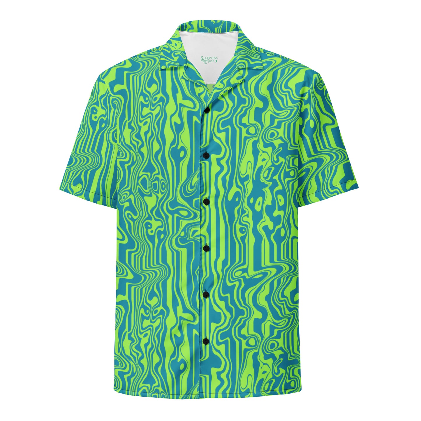 A short-sleeved button-down shirt featuring a vibrant, psychedelic pattern of wavy, liquid-like topographic lines in bright lime green and teal blue. The shirt has a flat collar, black buttons down the front, and a white inner collar lining with a small green logo.