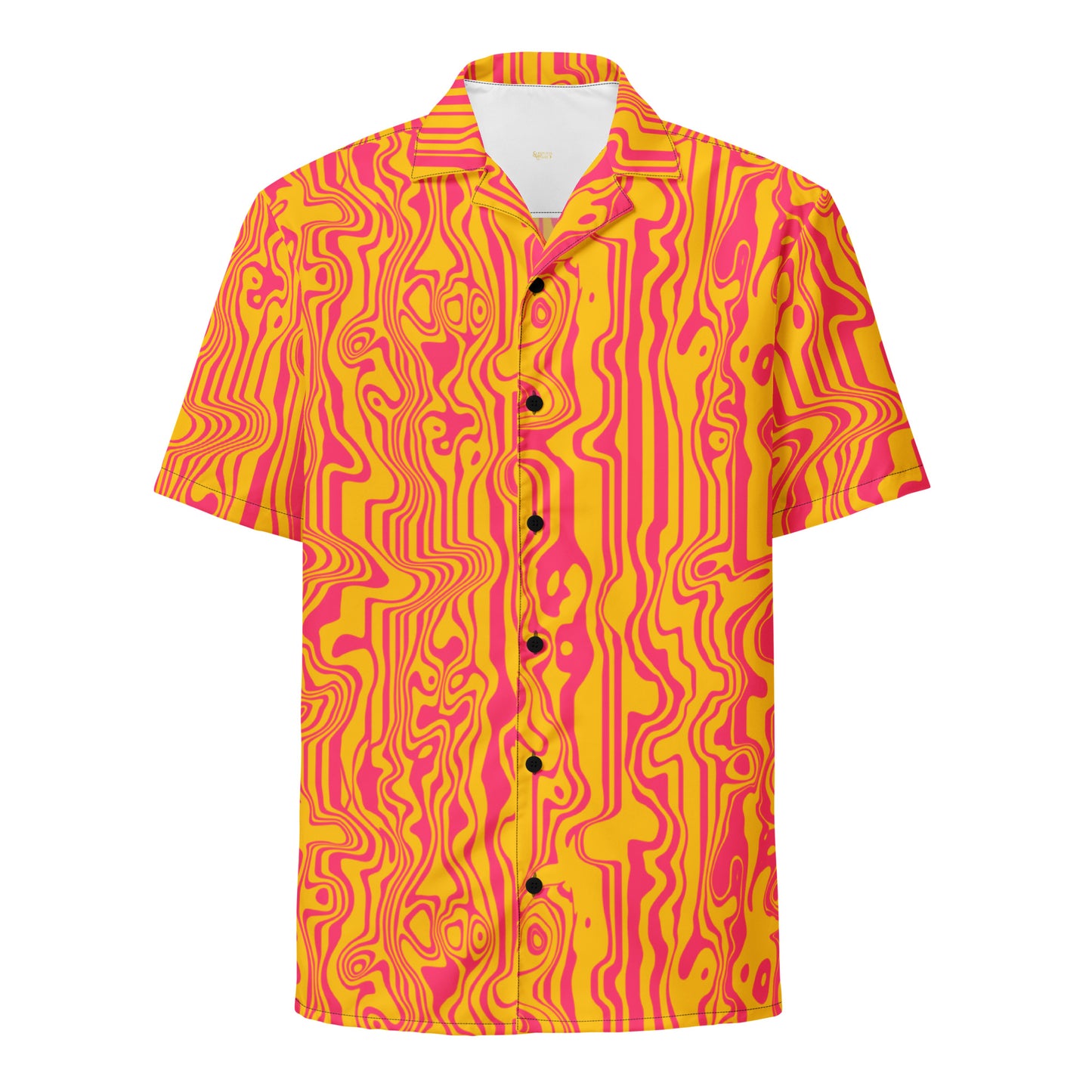 A short-sleeved button-down shirt featuring a vibrant, psychedelic pattern of wavy, liquid-like topographic lines in bright yellow and hot pink.