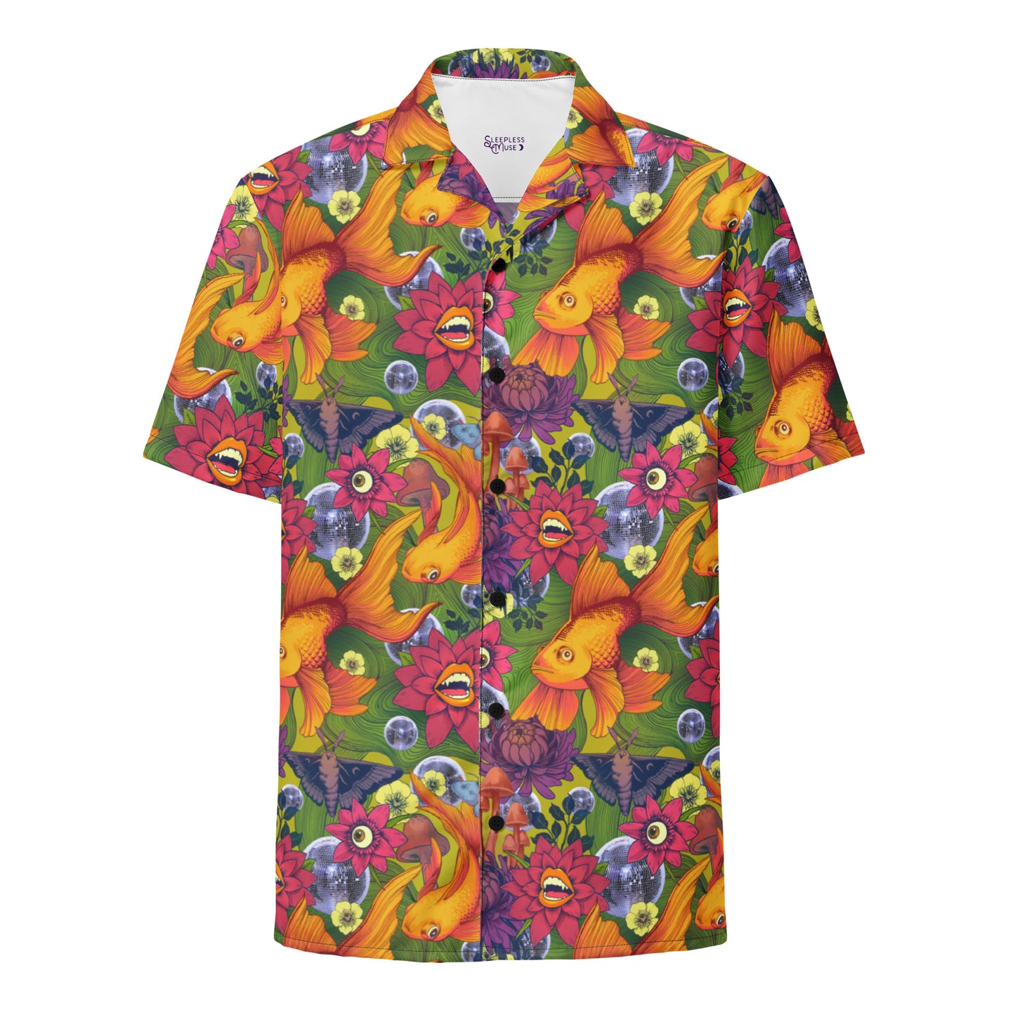 A short-sleeve, button-up camp shirt featuring a vibrant, surrealist pattern on a green background. The hand-drawn design includes large orange goldfish, shimmering silver disco balls, dark moths, psychedelic mushrooms, and pink flowers with human eyes and teeth.