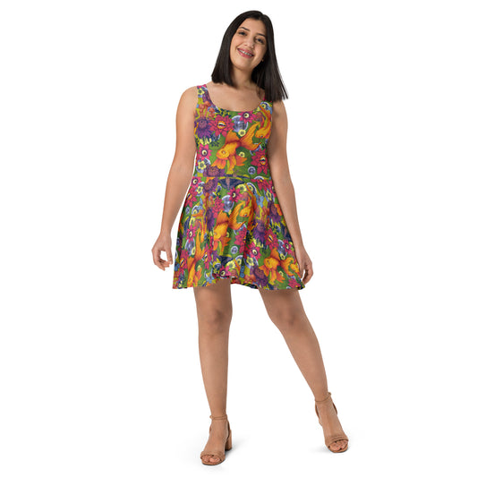 A woman wearing a vibrant, sleeveless skater dress featuring a surreal psychedelic pattern with orange goldfish, pink flowers with eyes and teeth, purple blooms, mushrooms, and disco balls.
