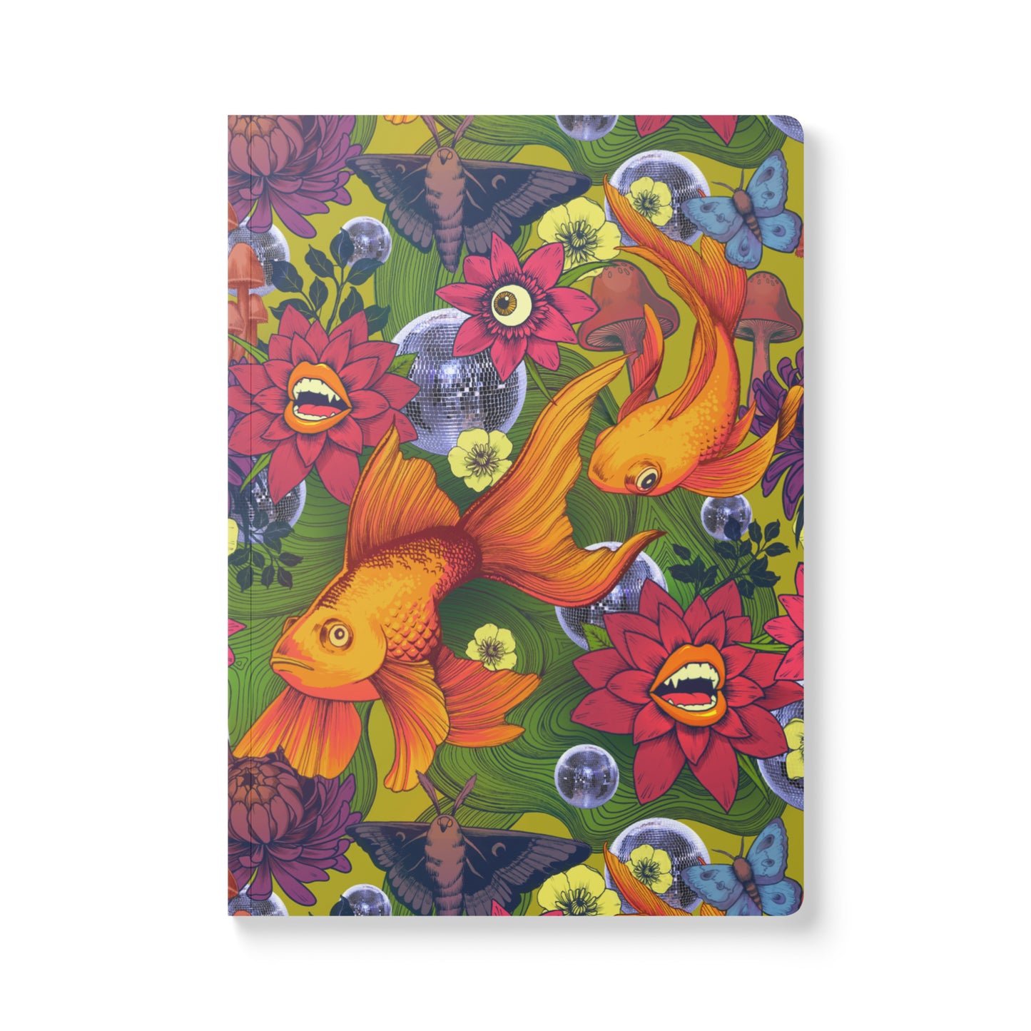 A front-facing view of a rectangular softcover journal with rounded corners, featuring a vibrant, retro-surreal illustration pattern. The design includes metallic disco balls, colorful butterflies, stylized pink and orange flowers, and black-and-white checkerboard patterns set against a soft peach background.